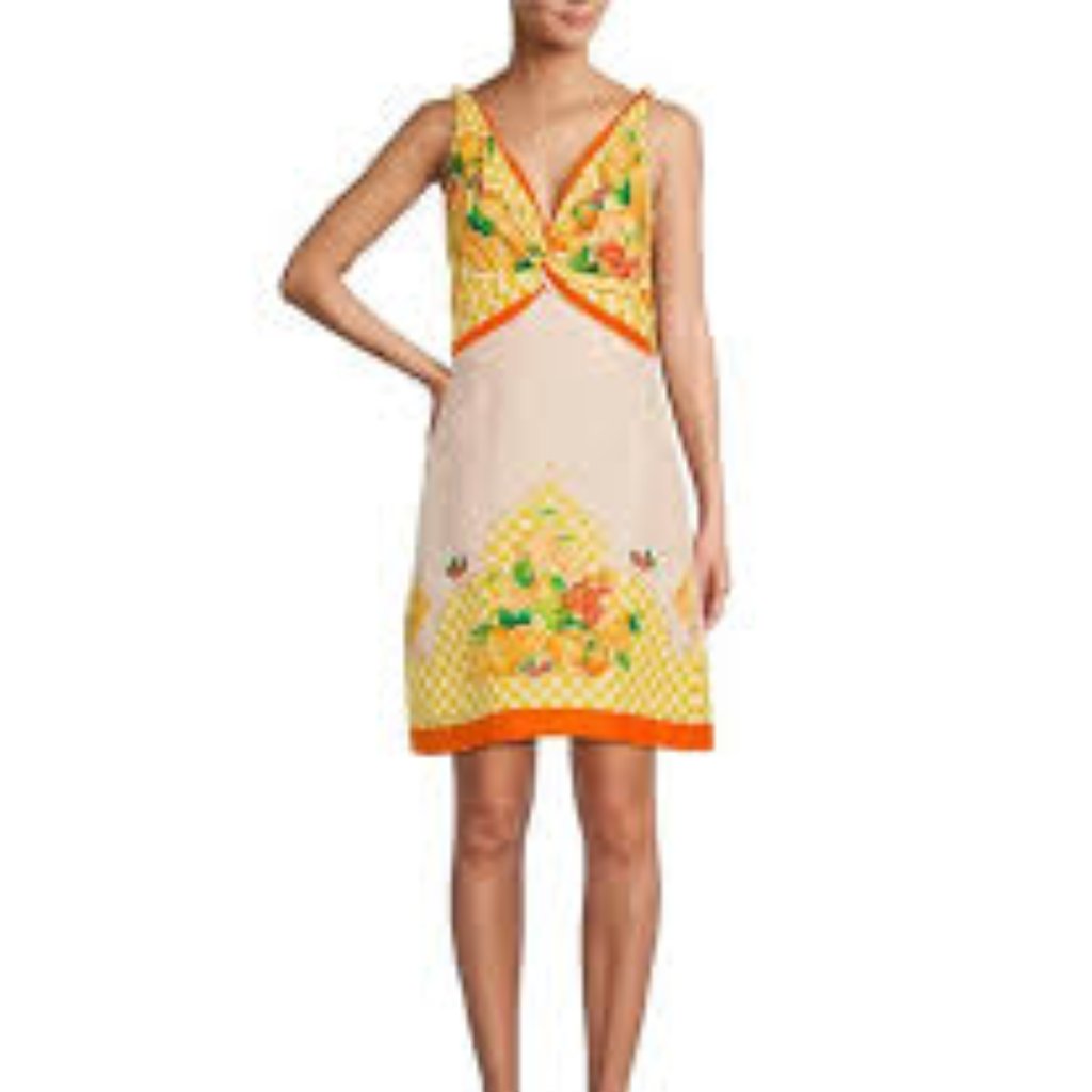 Nwt Antonio Malani Kacey Multicolor Fruit Print Linen Blend Sleeveless Dress